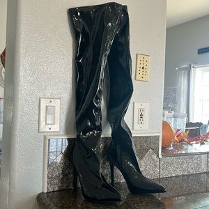 Patent LeatherBoots,Side Zipper PointToe HighKnee Boots,Trendy Elastic SlimBoots
